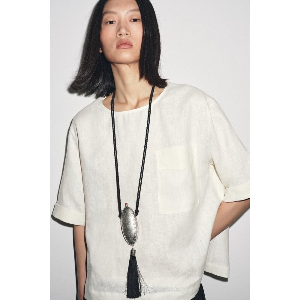 Zara Womens Top XS White 100% Linen Short Sleeve Boxy Fit Blouse 4786/118 NWT